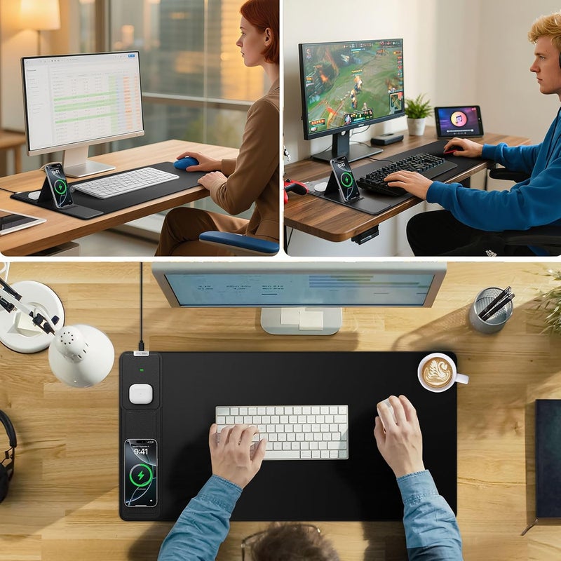 abc.mat Wireless Charging Mouse Pad with Foldable Phone Holder, 31.5"x15.8" Extended Desk Mat for Laptop/Keyboard, Waterproof Ultra-Smooth Surface, Non-Slip Base & 20W PD Adapter, Black - Image 4